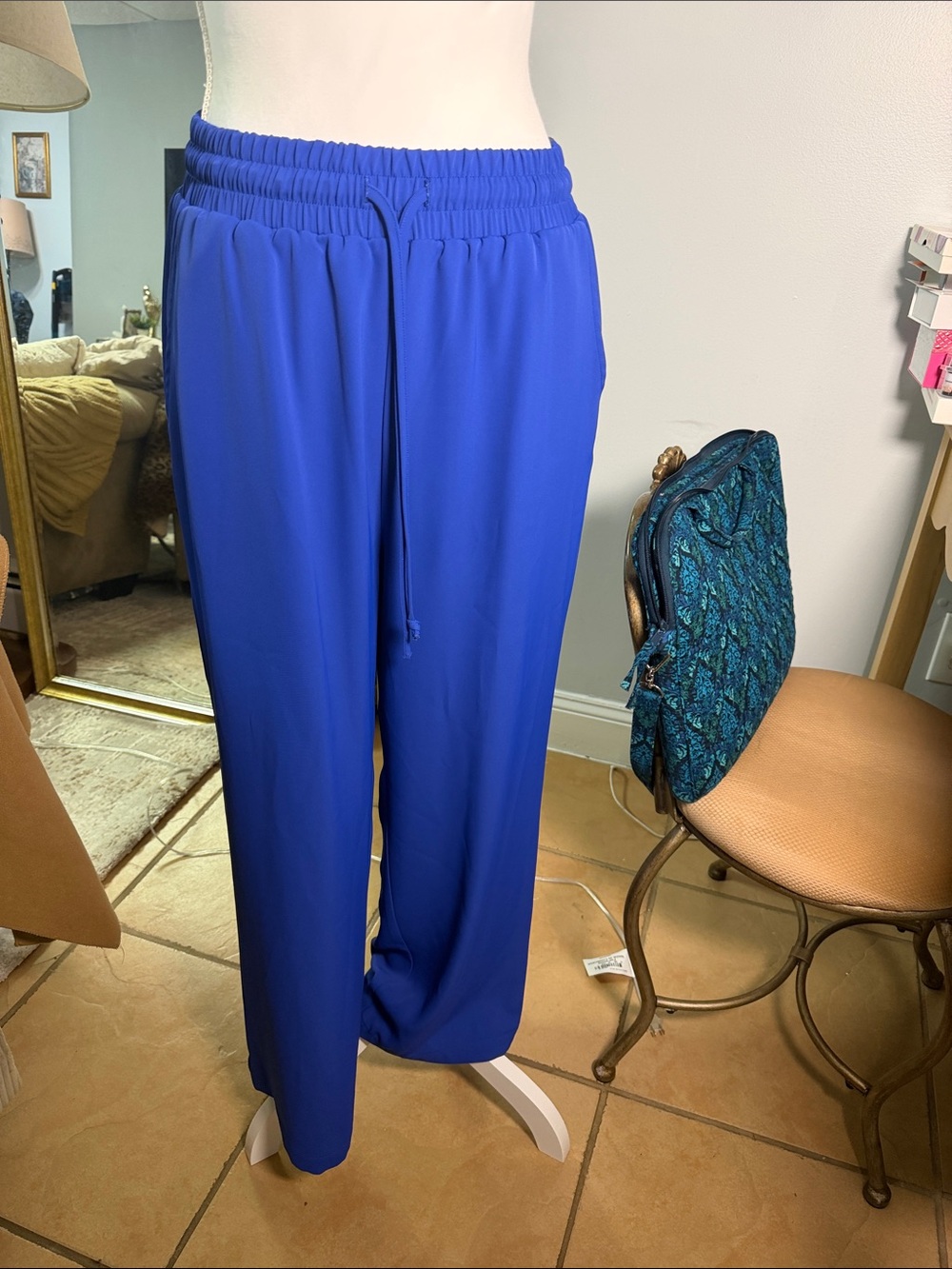 Wide-Leg Drawstring Pants in Royal Blue
